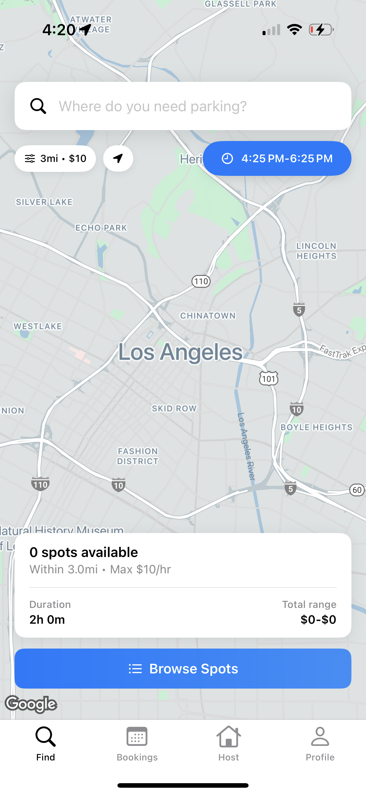 EzParkk iOS app screenshot showing parking search interface